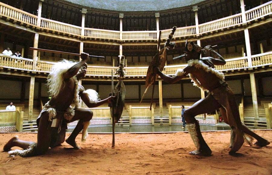South African actors from the 'Umabatha: the Zulu Macbeth' production perform a mock fight in a rehearsal at Shakespeare's Globe.  The play was performed at the Globe entirely in Zulu.