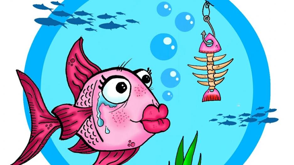 cartoon of  cartoonist Eaten Fish as a fish underwater seeing a big hook at the end of a fishing line with a fish bone on it. 