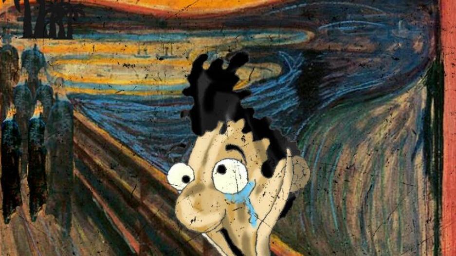 A cartoon by Eaten Fish that is a rework of Edvard Munch's famous painting, The Scream. Eaten Fish is shown screaming and the backdrop is the Manus Island detention camp in Papua New Guinea.