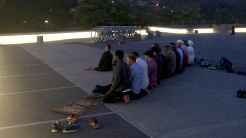 California Muslims praying on a hilltop in Berkeley. 