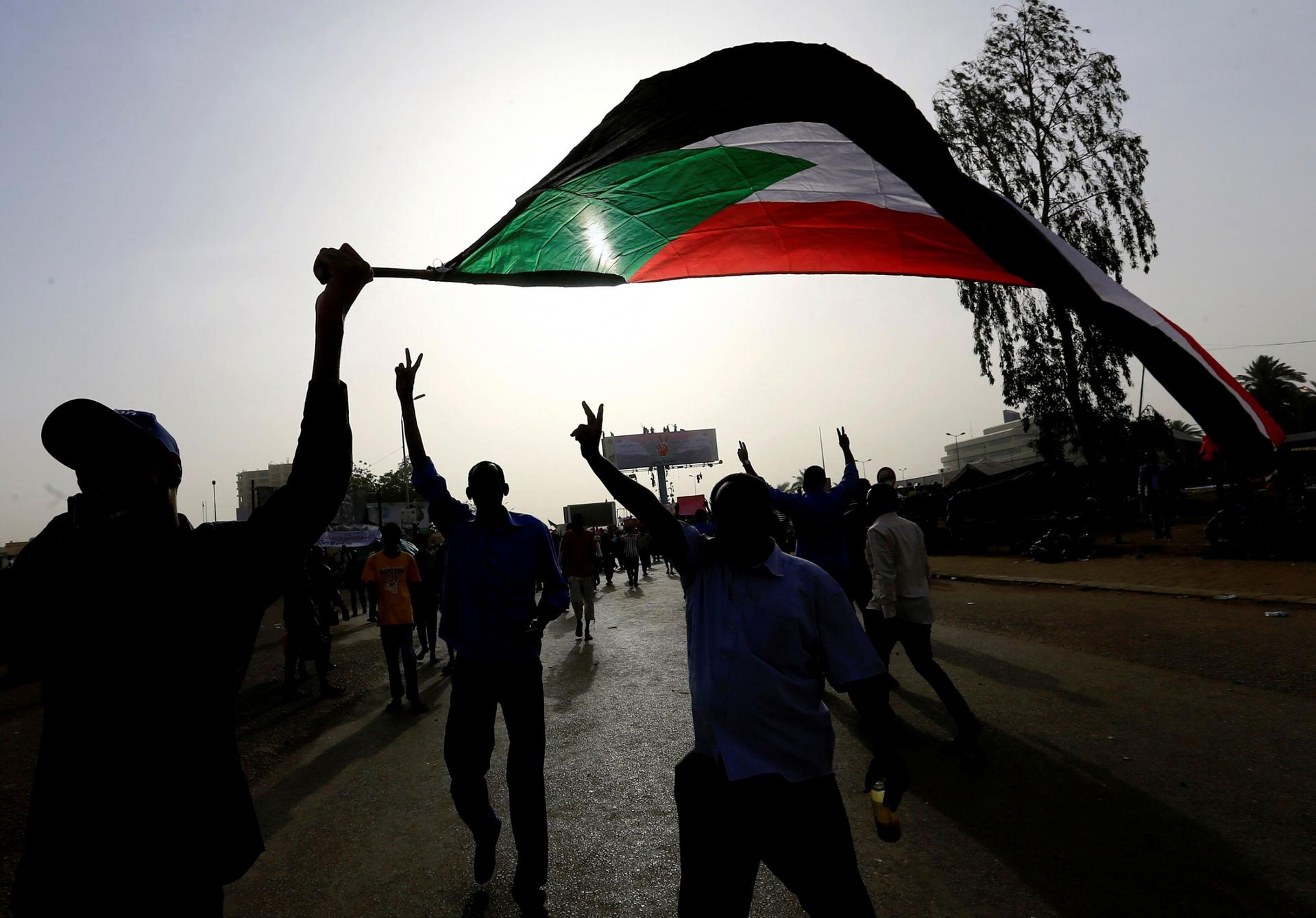People hold their hands in the air and wave a large Sudanese flag. They are backlit by the sun. 