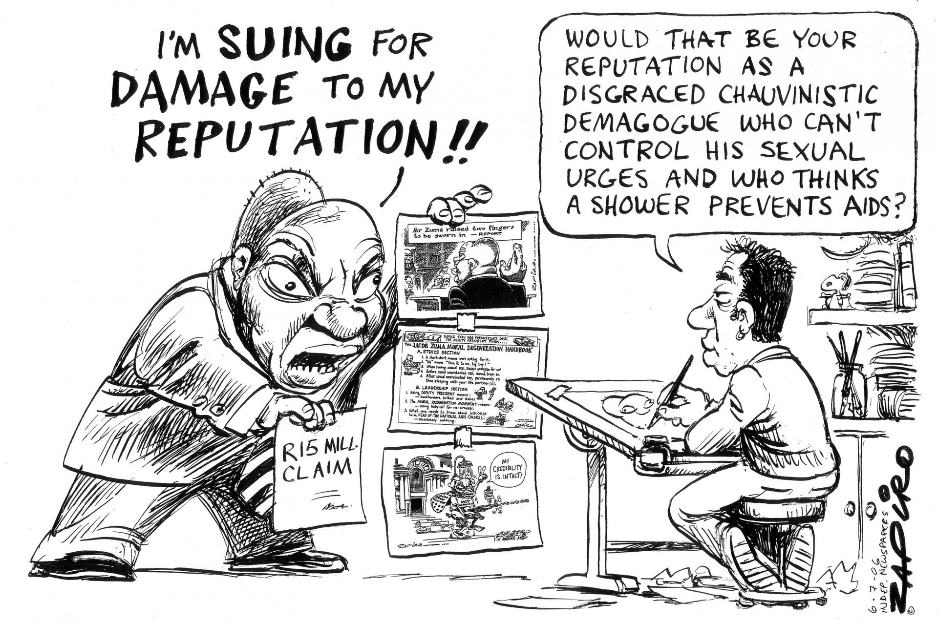 Cartoon shows Jacob Zuma yelling at Zapiro that he's suing him for defamation of character. Zapiro responds by impugning Zuma's character based on his actions. 