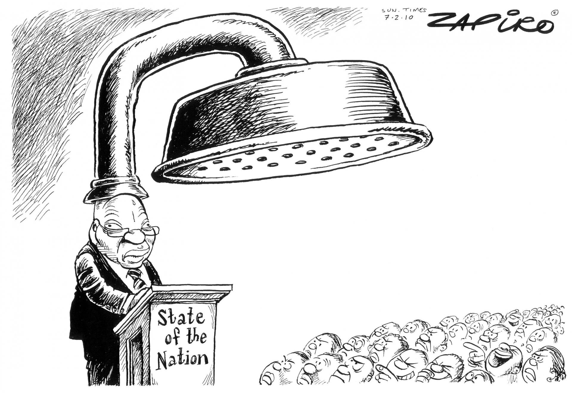 Zapiro cartoon of Jacob Zuma addressing the South African parliament not knowing there's a shower on his head. 