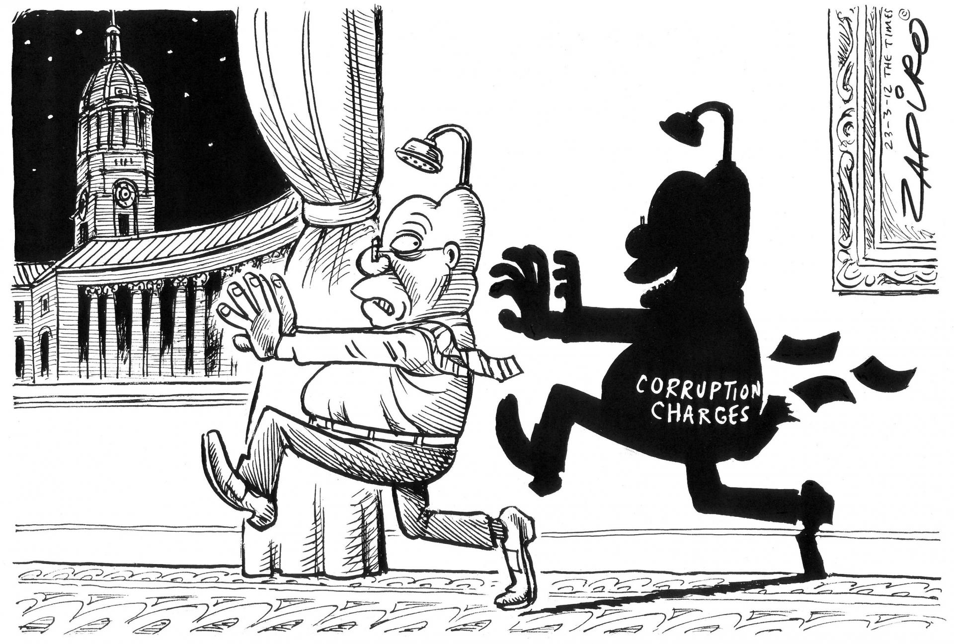 Jacob Zuma high stepping in a cartoon about the shadow of corruption charges around him. 