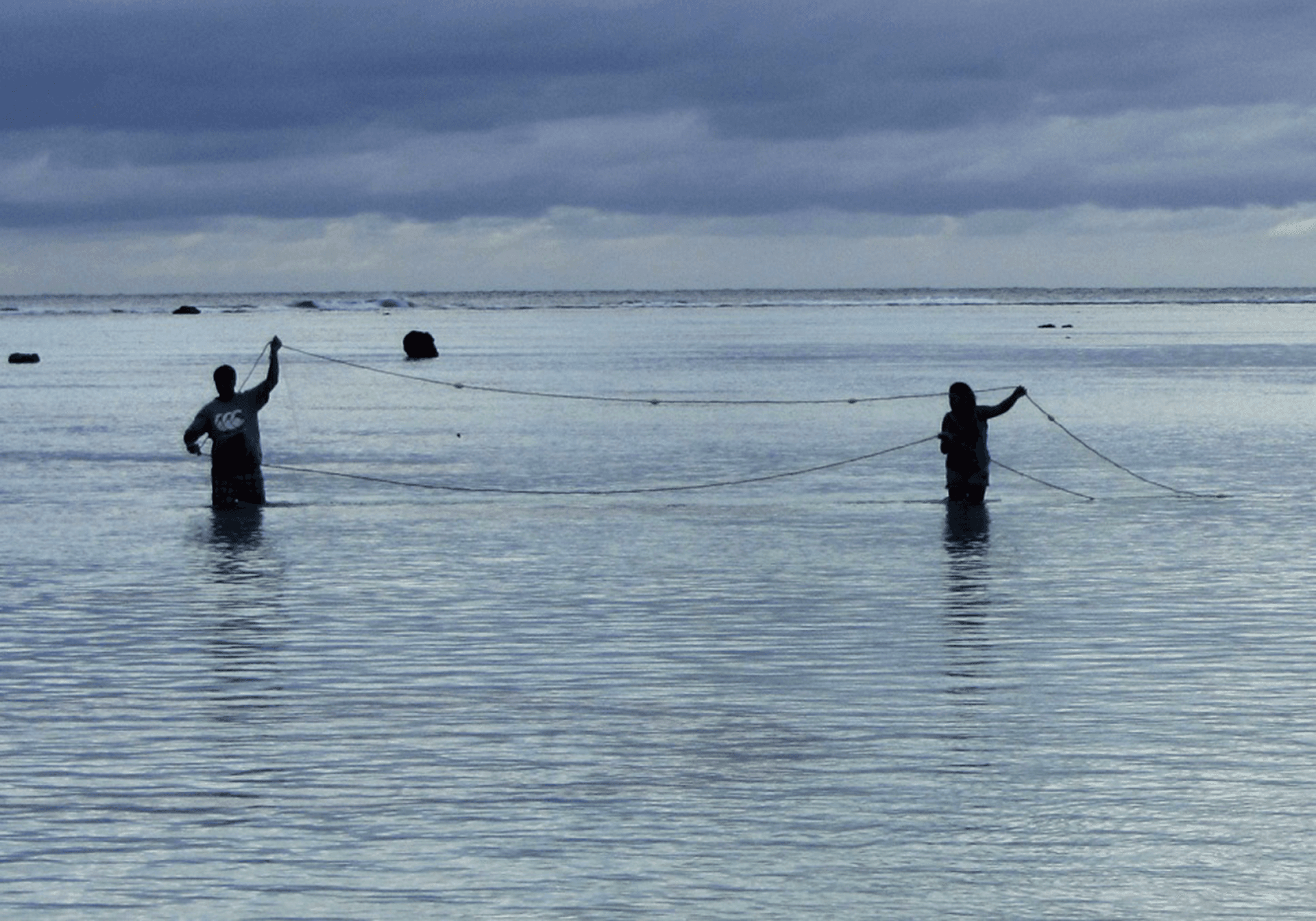 Two men in water net-fishing at dusk. 