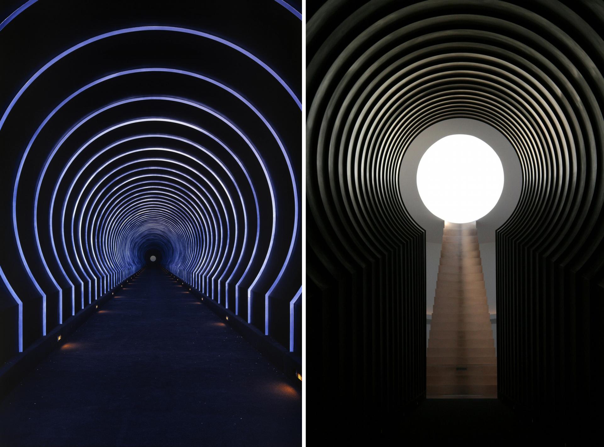 Views of the Alpha (East) Tunnel inside James Turrell’s Roden Crater.