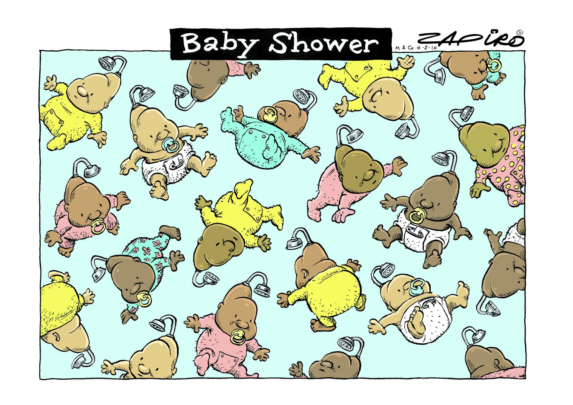 Zapiro cartoon called Baby Shower shows lots and lots of babies (Zuma's children) all with showers on their head