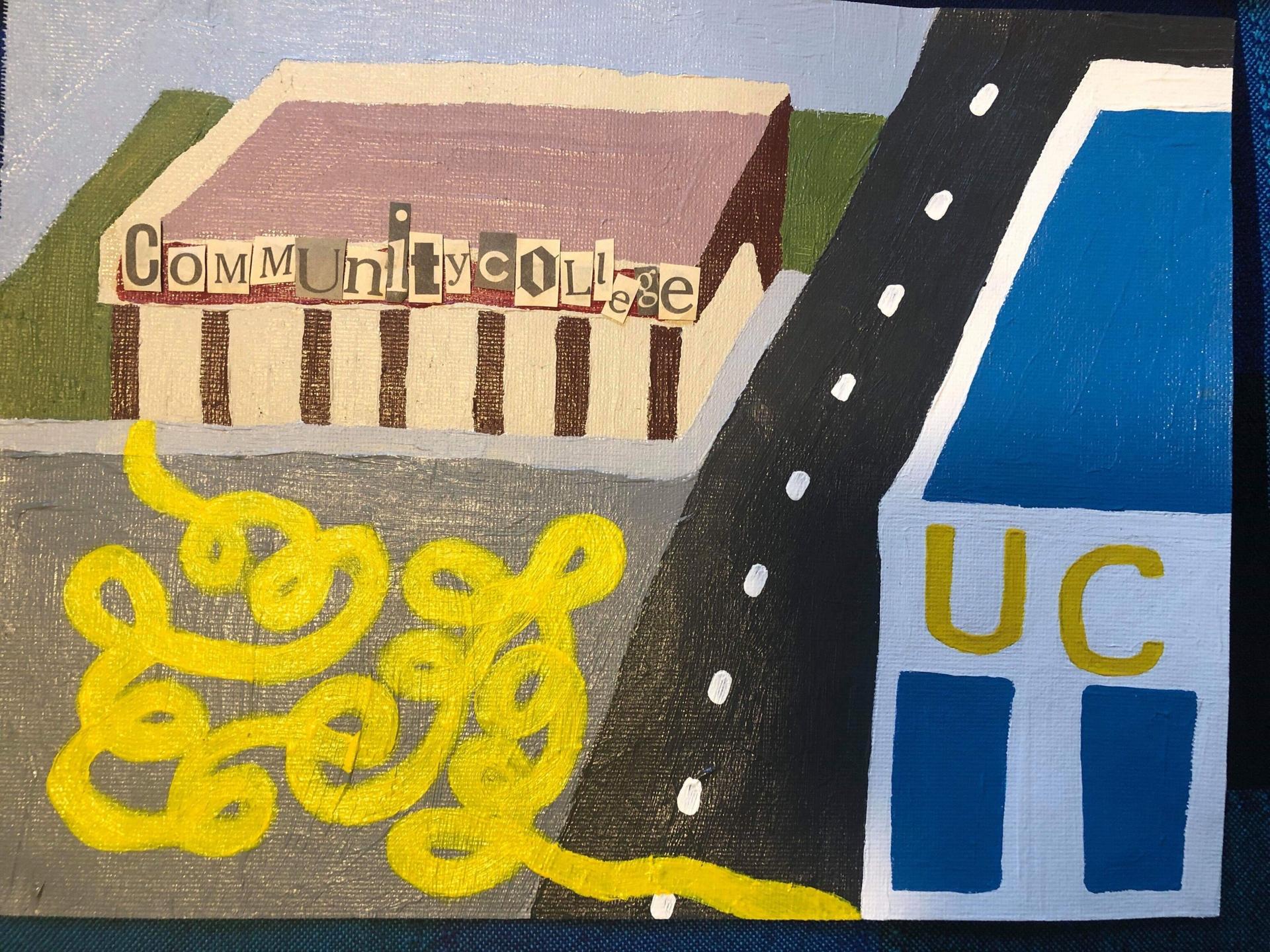 Painting that shows the winding patch from community colleges to universities.