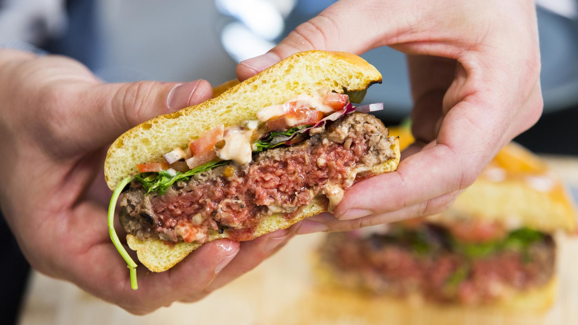 The Impossible Burger is designed to “bleed” like a traditional beef hamburger. 