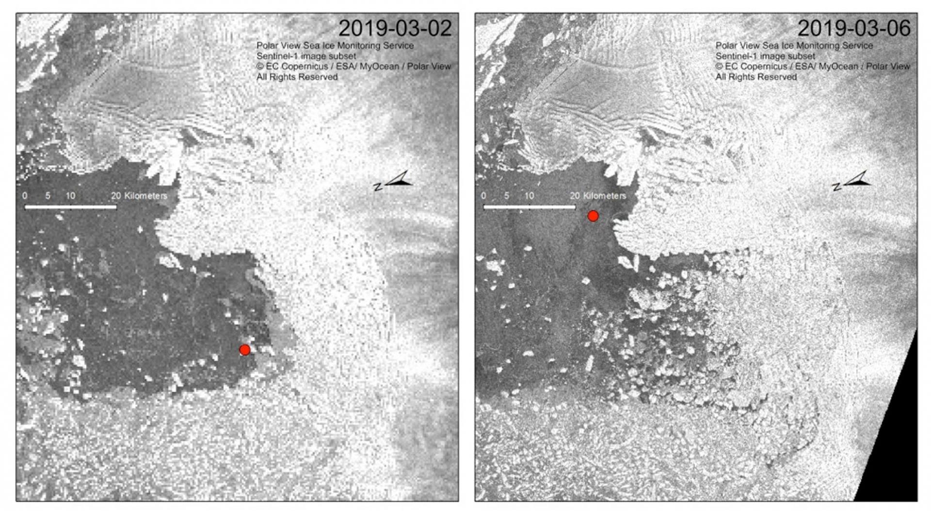Two images side by side show ice bergs around a red dot