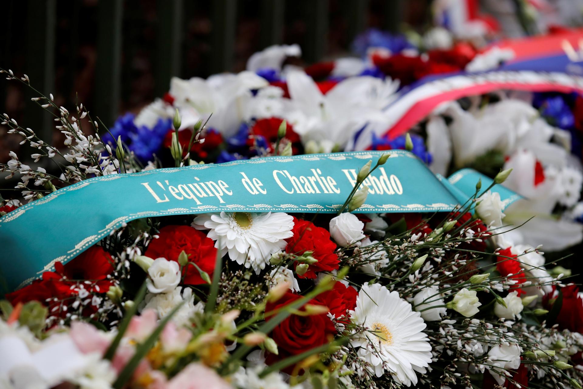 Bouquet of flowers memorializing Charlie Hebdo