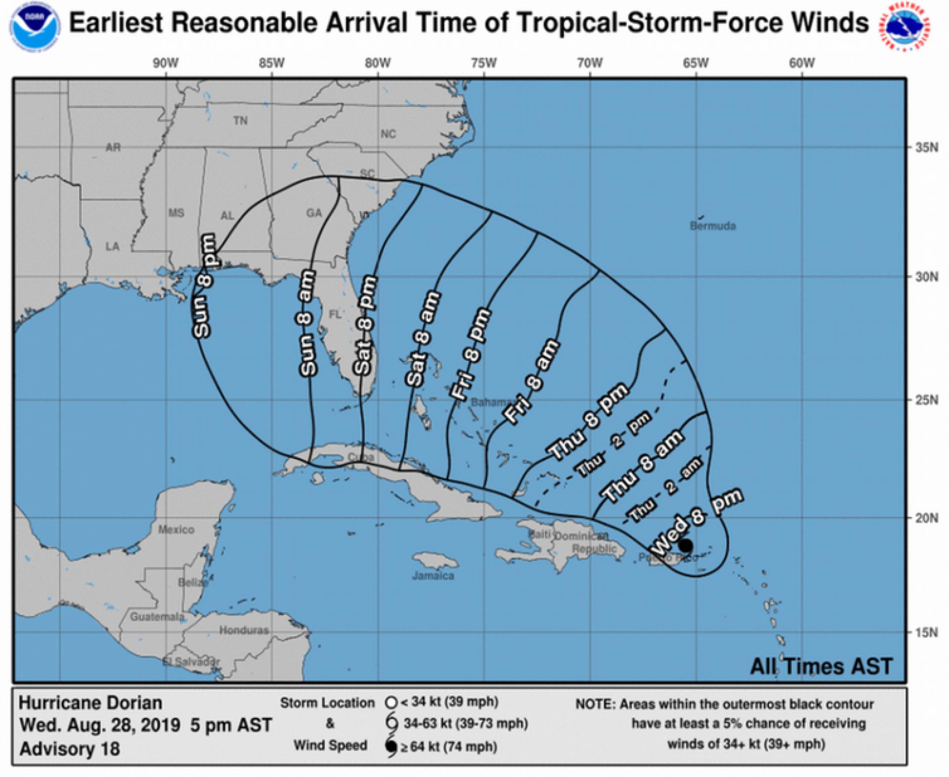 A map of the hurricane's projected location by time. 