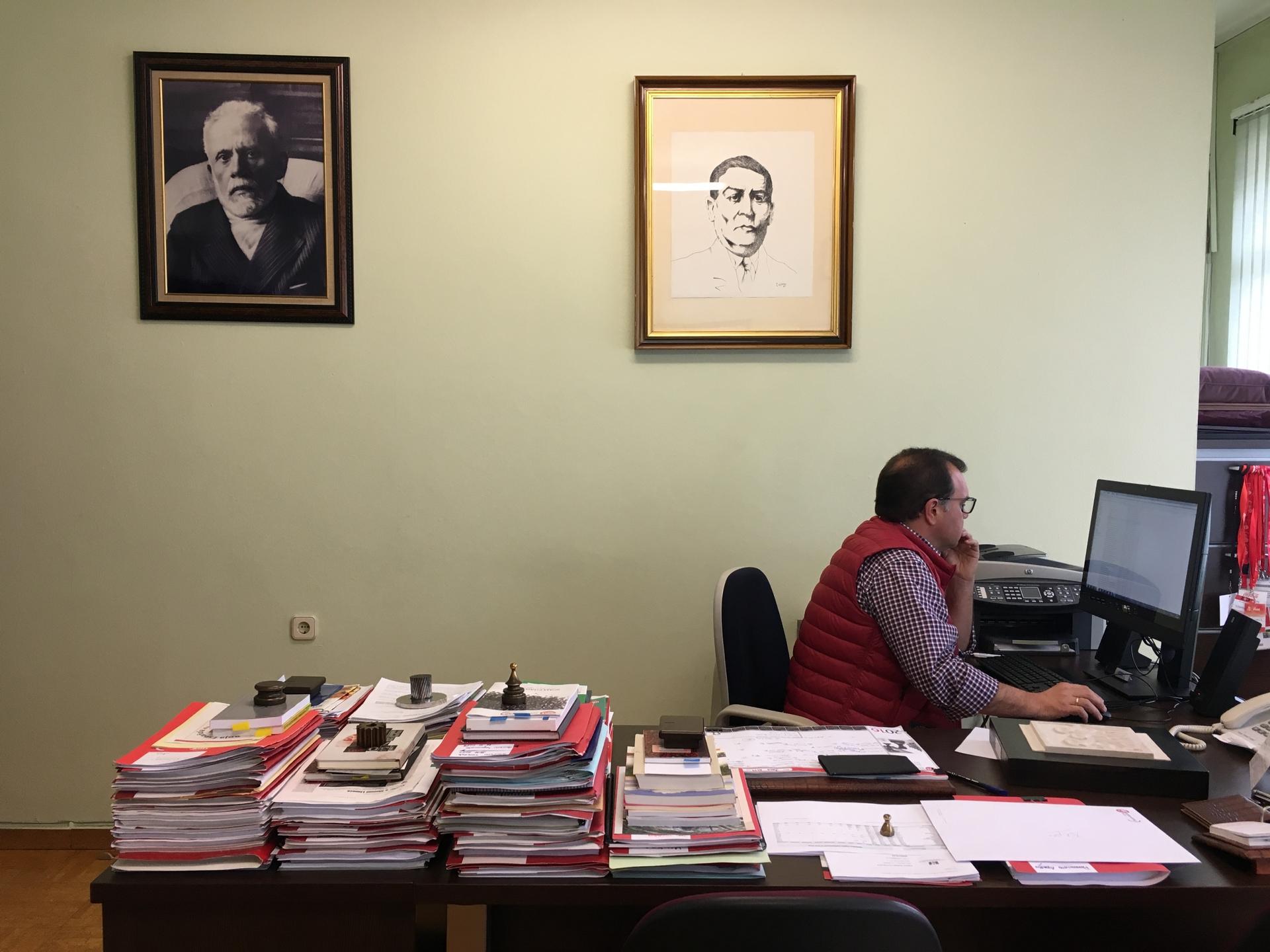 José Luis Alperi, spokesperson for Asturia's leading miners' union, sits at his office. His union struck a deal with Spain's Socialist government in October 2018 that would funnel 220 million euros ($246 million) into the region.