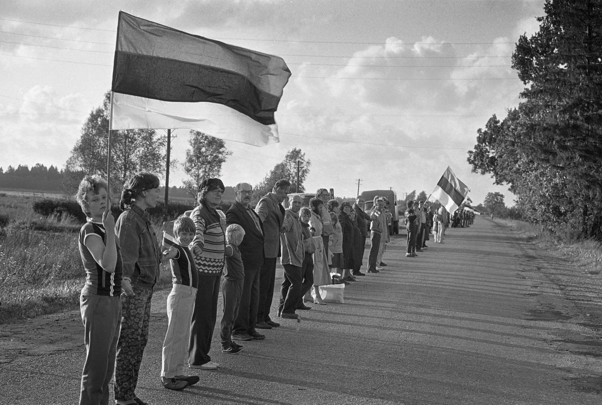 People stand in a line holding hands and flags