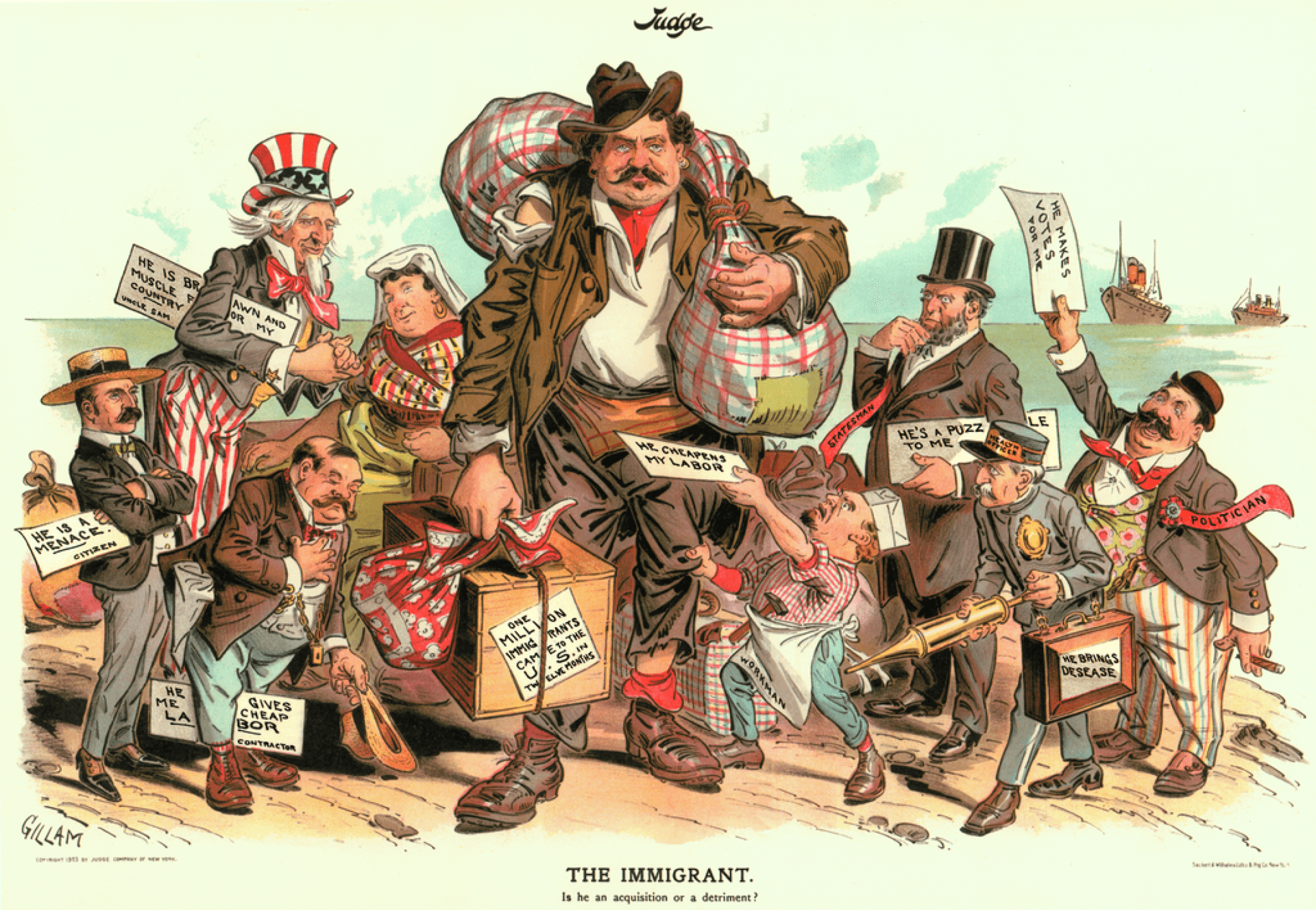 A political cartoon of a caucasian male immigrant with others around him holding signs