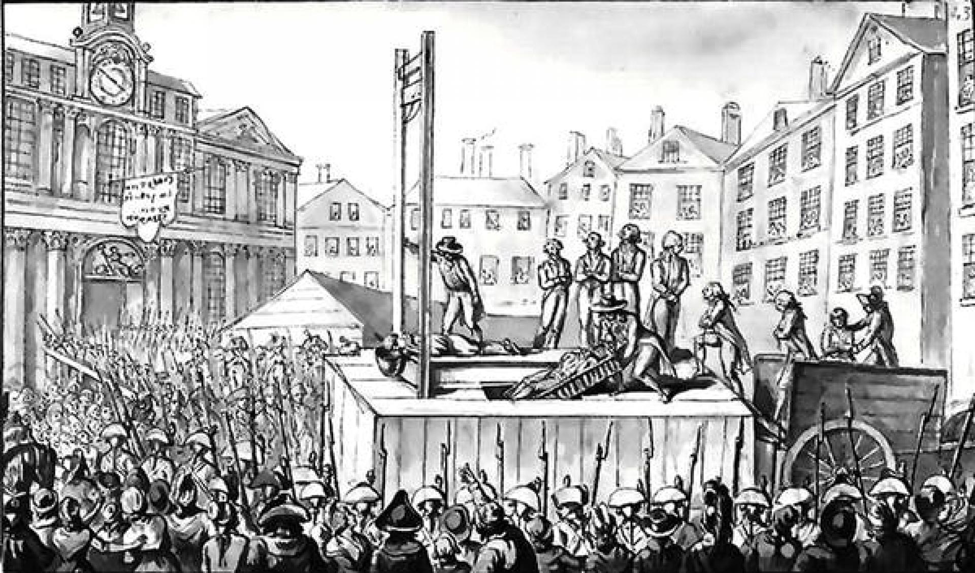 A black and white drawing depicting a guillotine execution in France
