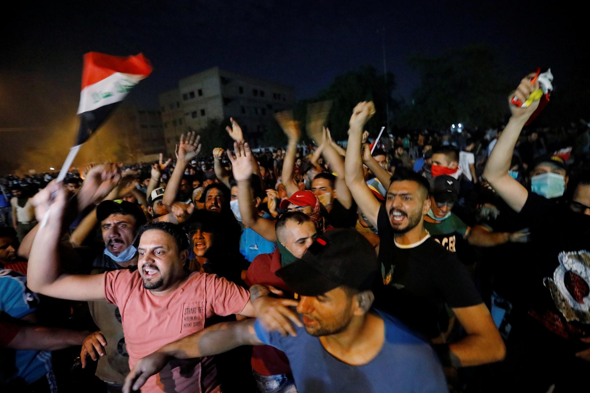 Demonstrators gathered at a protest during a curfew, two days after the nationwide anti-government protests turned violent, in Baghdad, Iraq, on Oct. 3, 2019.