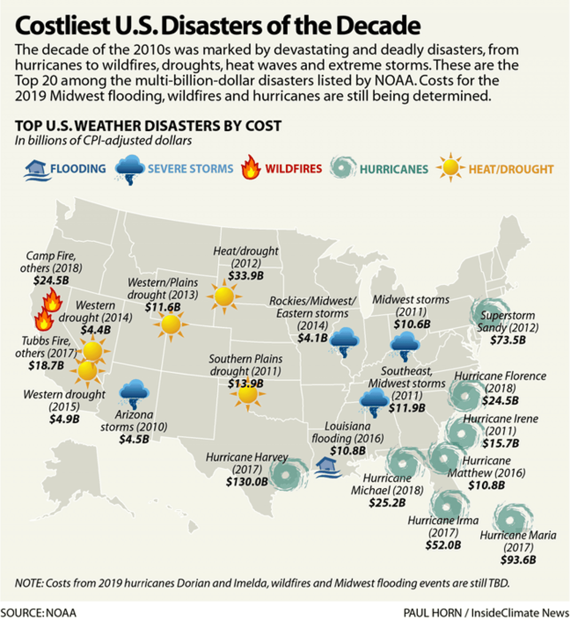 A map of the US showing environmental disasters and their associated costs.