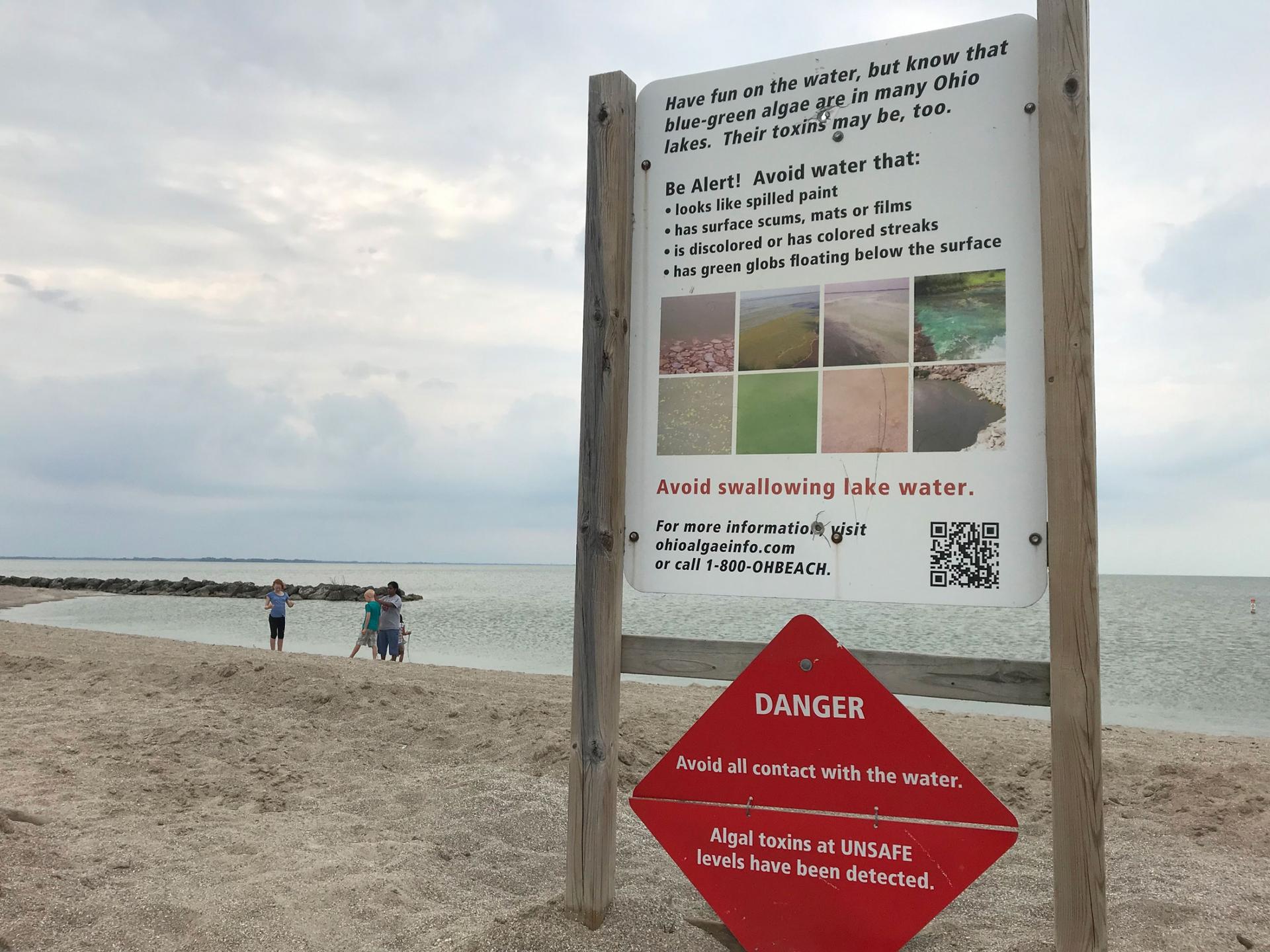 A small group of people are shown standing on a beach at the waters edge with a sign warning danger in the near ground.