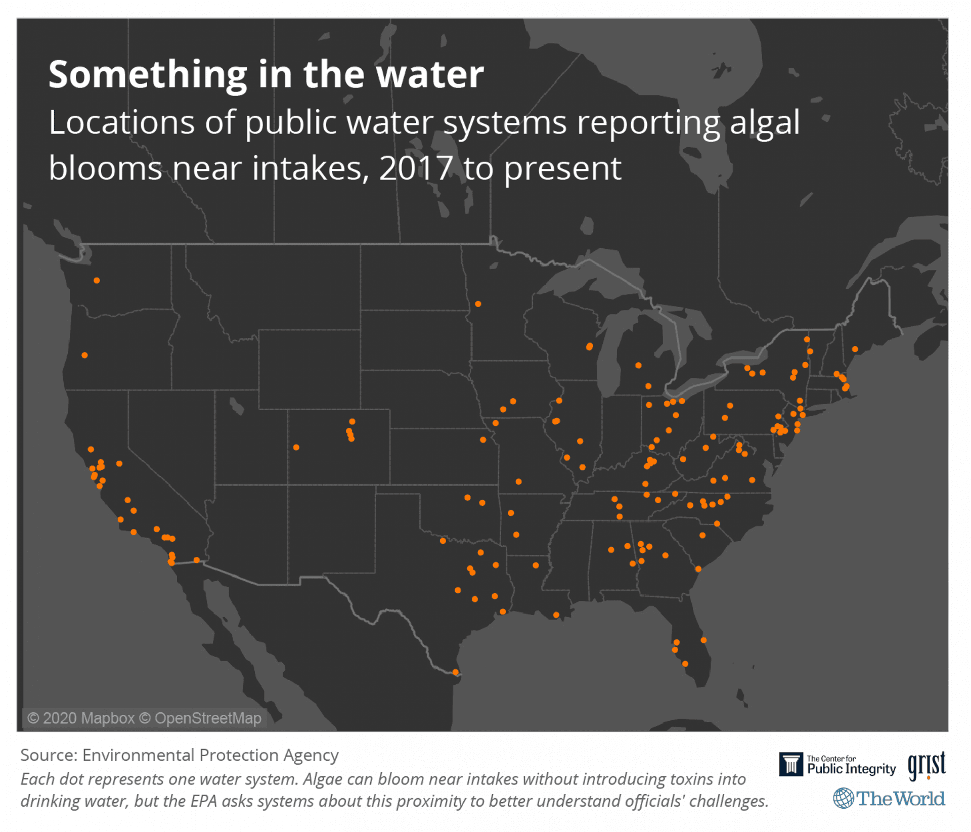 A map of the lower 50 US states shaded in dark with orange dots on it where public water systems reporting algal blooms near intakes.