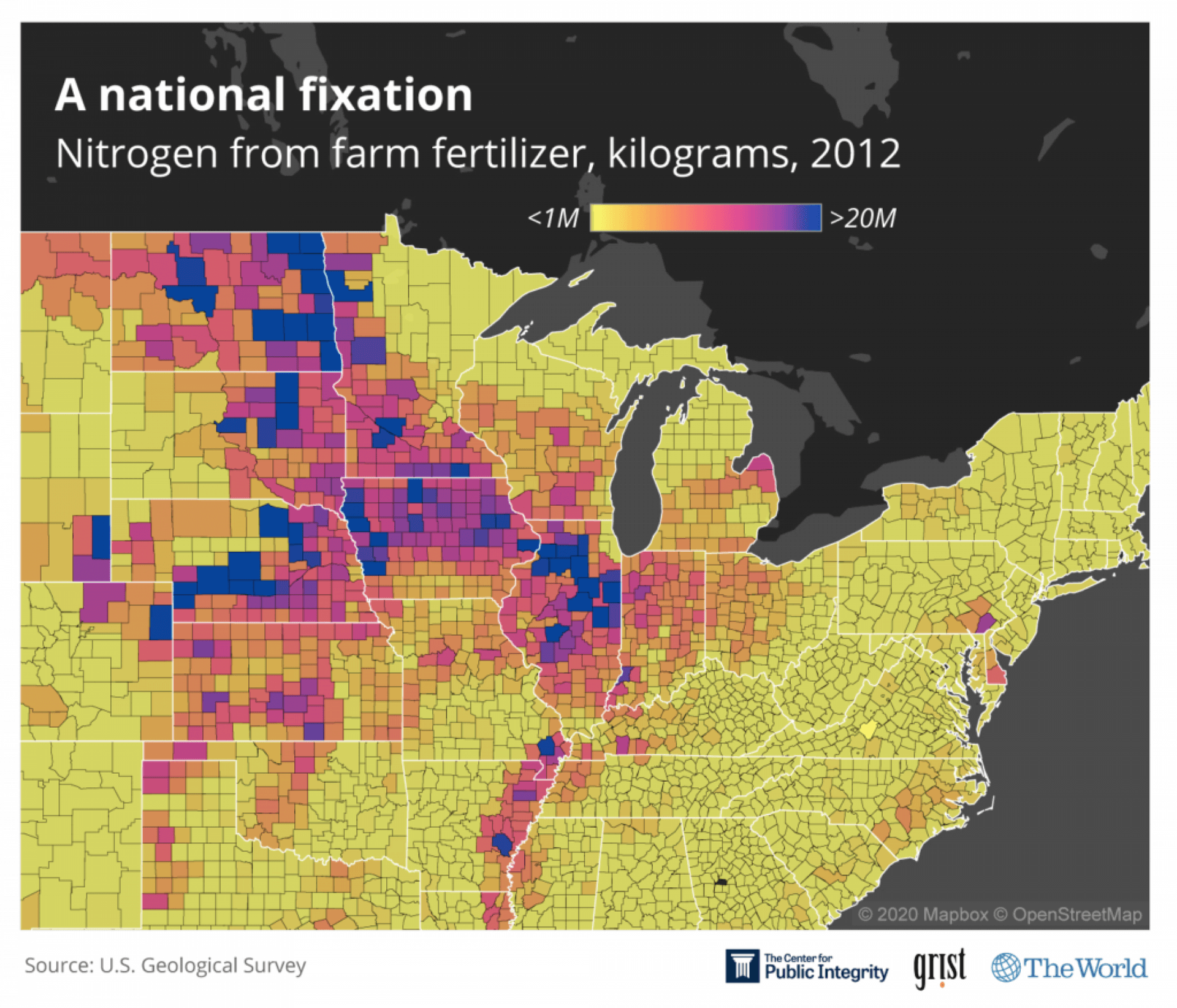A heatmap of the Midwest Nitrogen from farm fertilizer, kilograms, 2012.