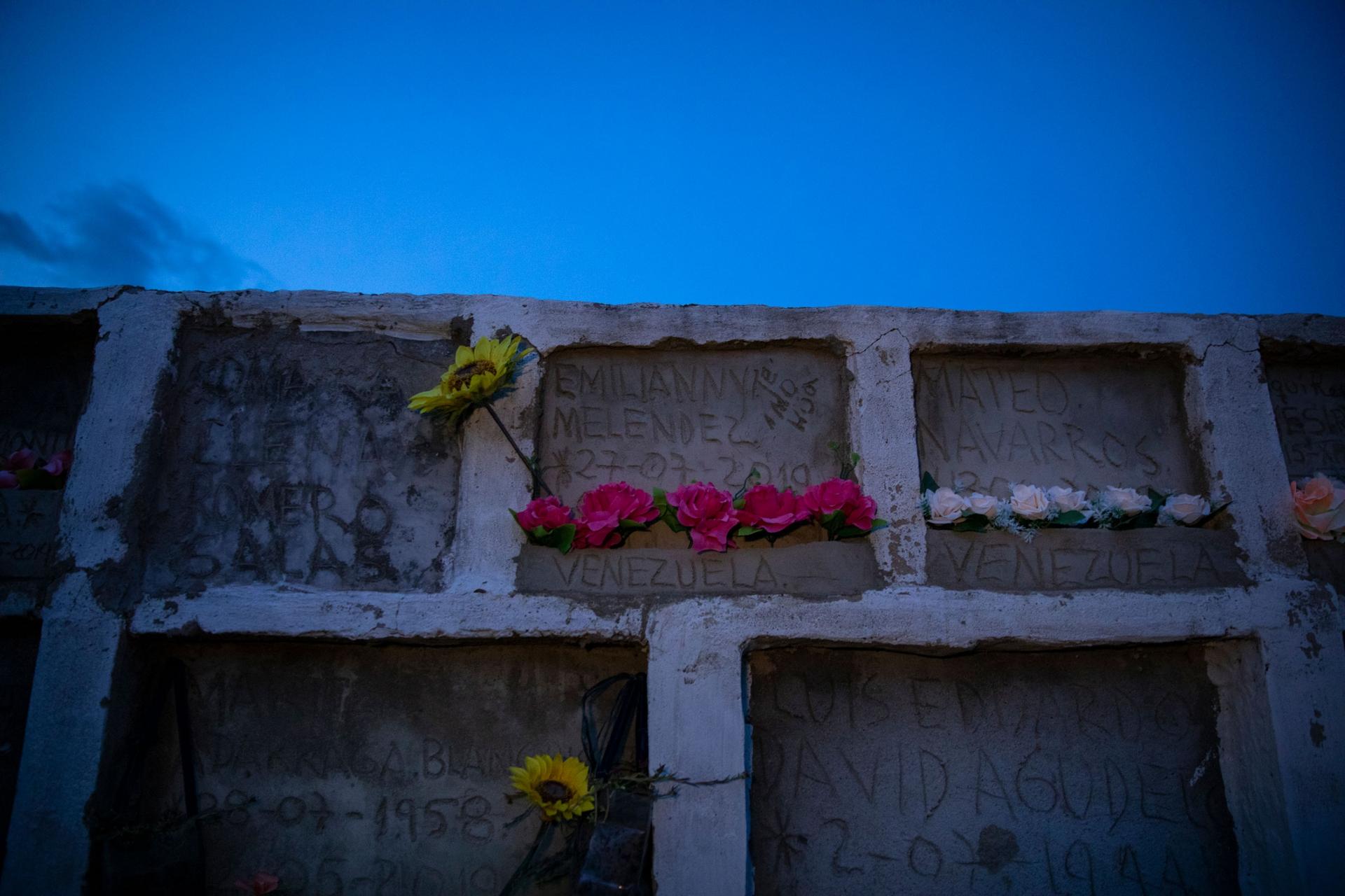 Two rows of graves are shown stacked on top of each other with several pink and yellow flowers.