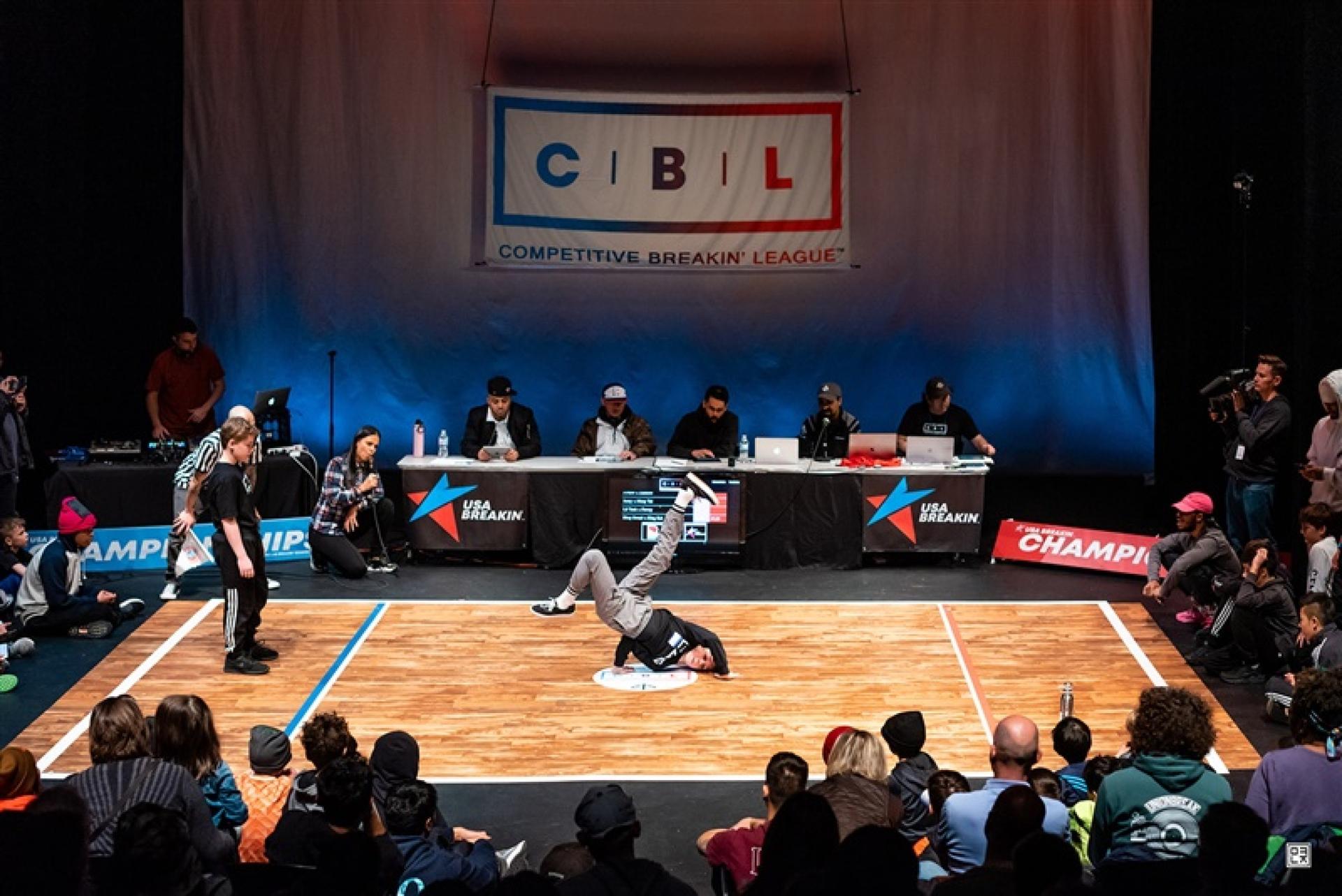 A competitor performs breakdance moves at the Breakdancing Northeast Regionals in suburban Washington, DC, on March 8, 2020.