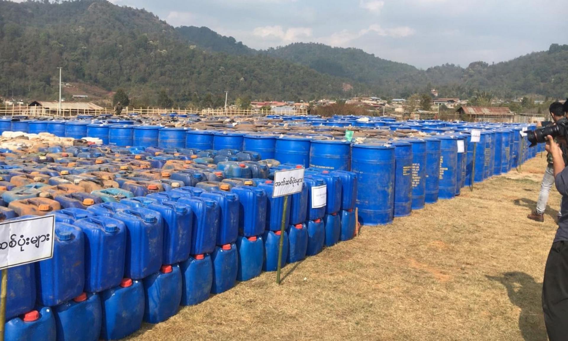 Barrels of chemicals seized from a drug lab in northern Myanmar. 