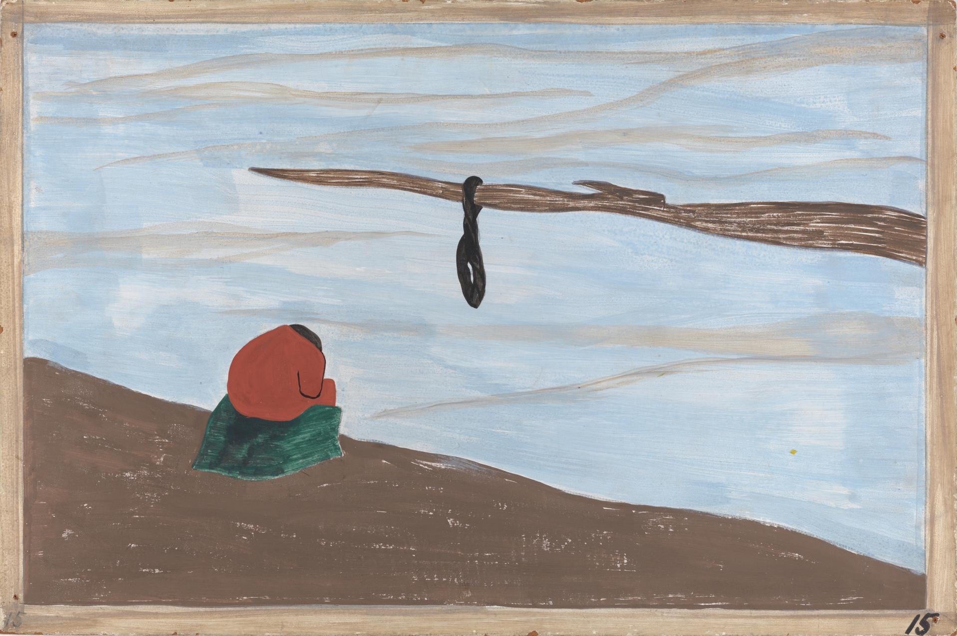 Jacob Lawrence, “The Migration Series, Panel no. 15: There were lynchings.,” 1940–41. Casein tempera on hardboard, 12 x 18 in.