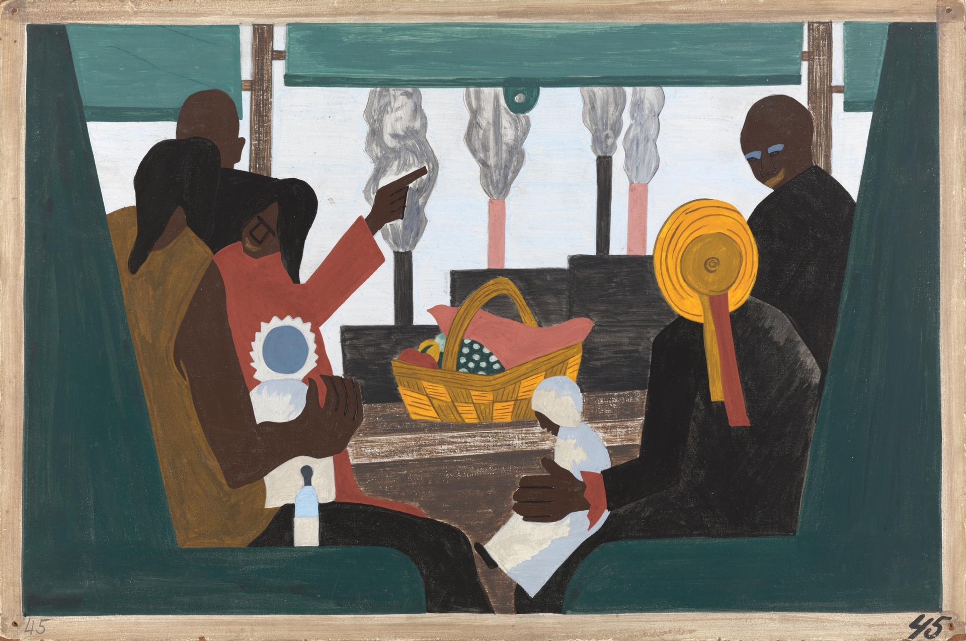 Jacob Lawrence, “The Migration Series, Panel no. 45: The migrants arrived in Pittsburgh, one of the great industrial centers of the North.,” 1940–41. Casein tempera on hardboard, 12 x 18 in.