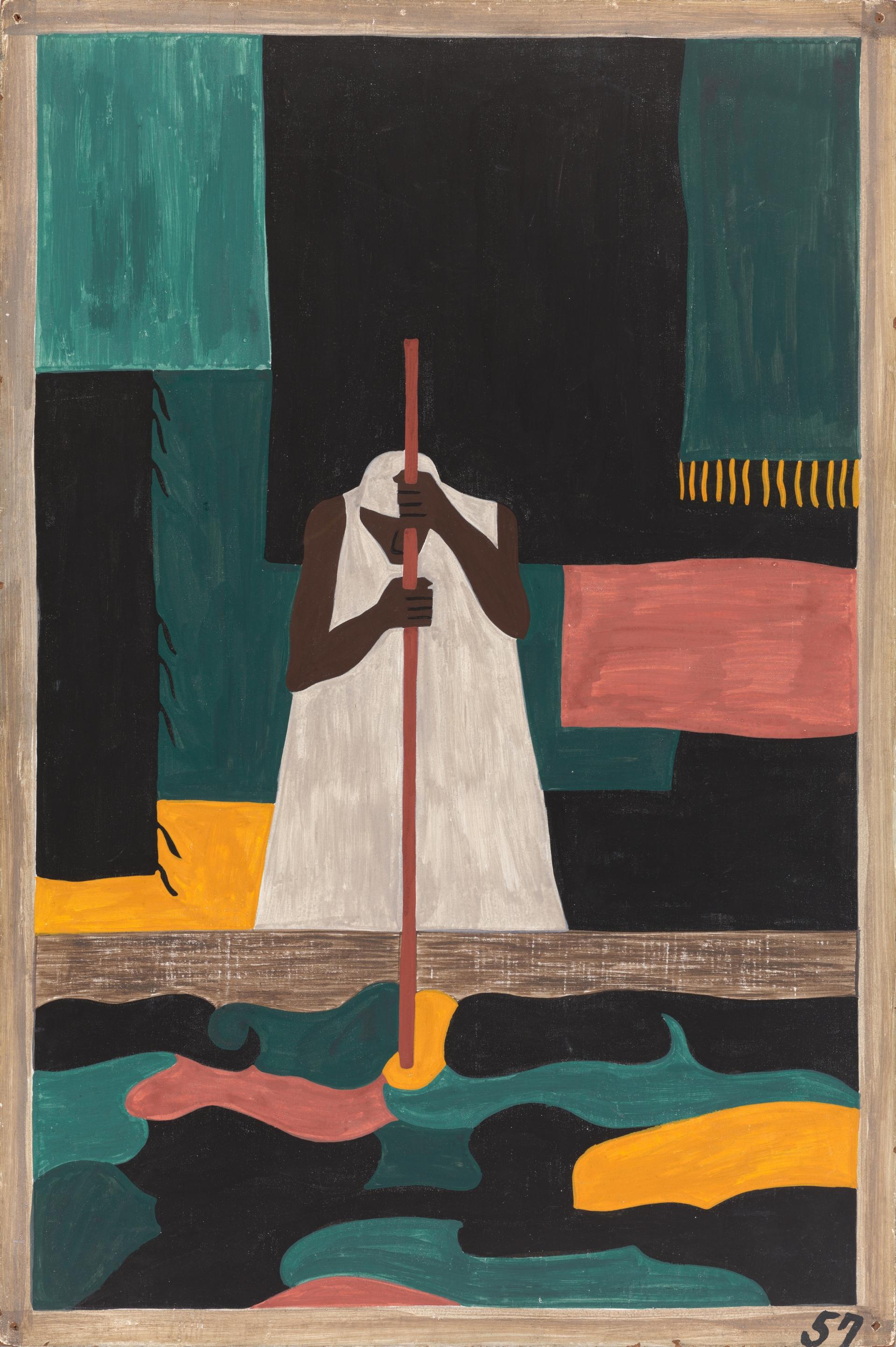 Jacob Lawrence, “The Migration Series, Panel no. 57: The female workers were the last to arrive north.,” 1940–41. Casein tempera on hardboard, 12 x 18 in.