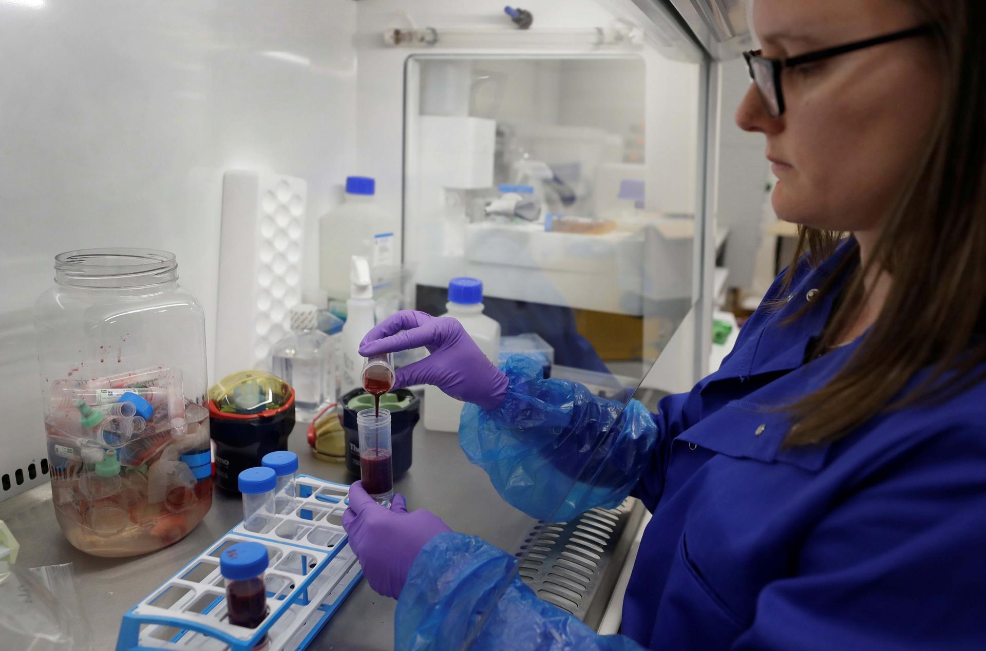 A PhD research associate prepares blood samples from patients infected with the coronavirus disease (COVID-19) for analysis at the Cambridge Institute of Therapeutic Immunology and Infectious Disease, in Cambridge, Britain, on May 21, 2020. 