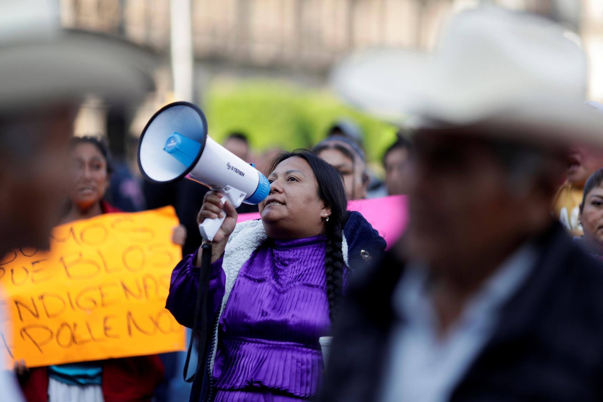 Oaxaca's artisans take part in a protest outside the National Palace to demand the federal government help for the loss of jobs and decrease in their labor services, after the Mexican government declared a health emergency and issued stricter regulations 