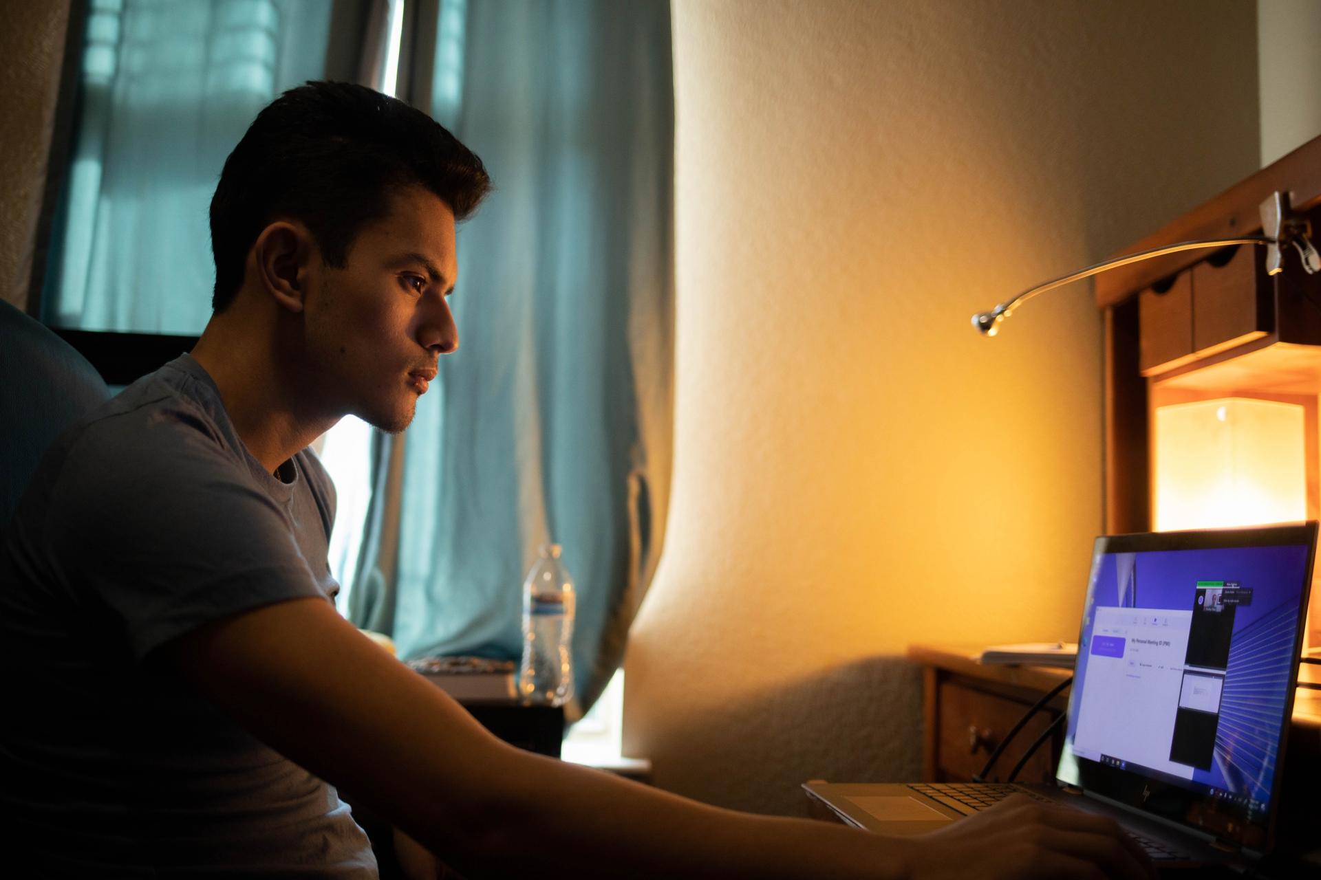 Izcan Ordaz, 18, on his virtual first day of classes at the freshman year of college at the University of Texas at Austin, Aug. 26, 2020.