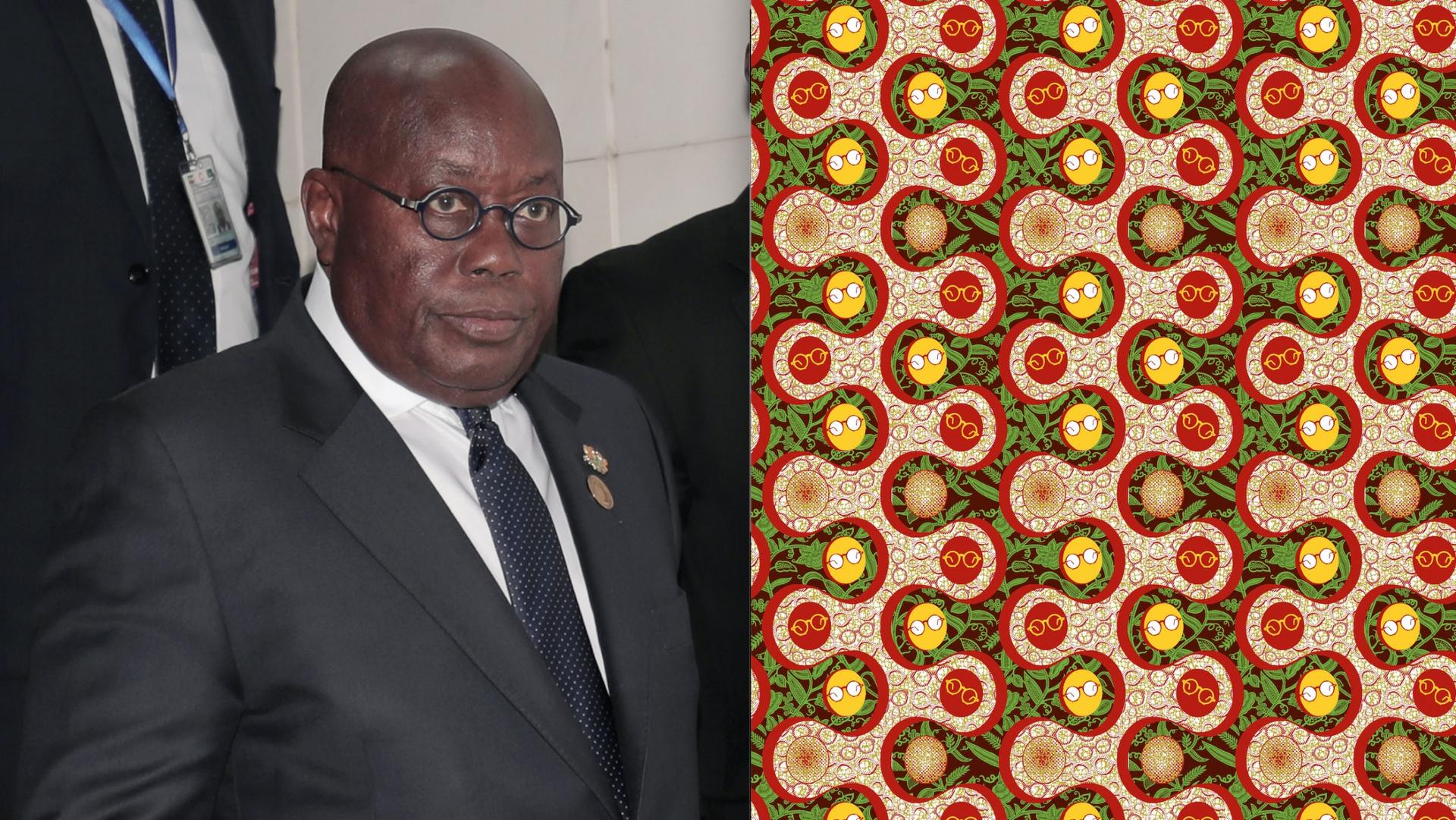 Another motif produced by Ghana Textiles Printing features eyeglasses, a nod to the frequent televised speeches of Ghana's President Nana Akufo-Addo, left, during the pandemic.