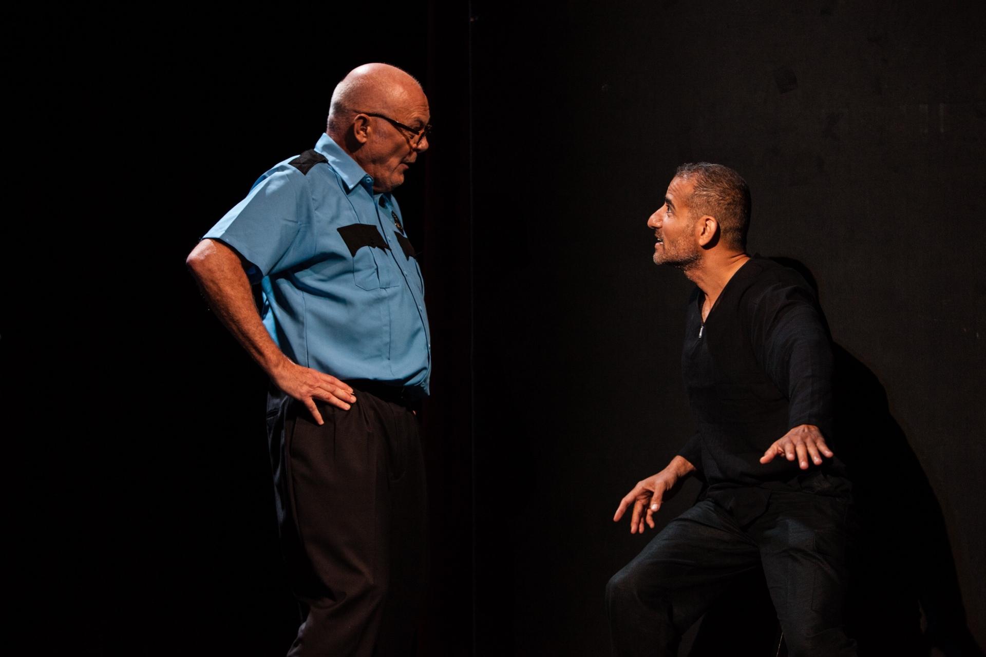 Actors Paul Costello, left, and Nabil Awad perform in a play "Counter Offence," that tackles police brutality and was staged at the Bay Area Drama Company. The theater's co-artistic director Basab Pradhan said the play was not well-attended.