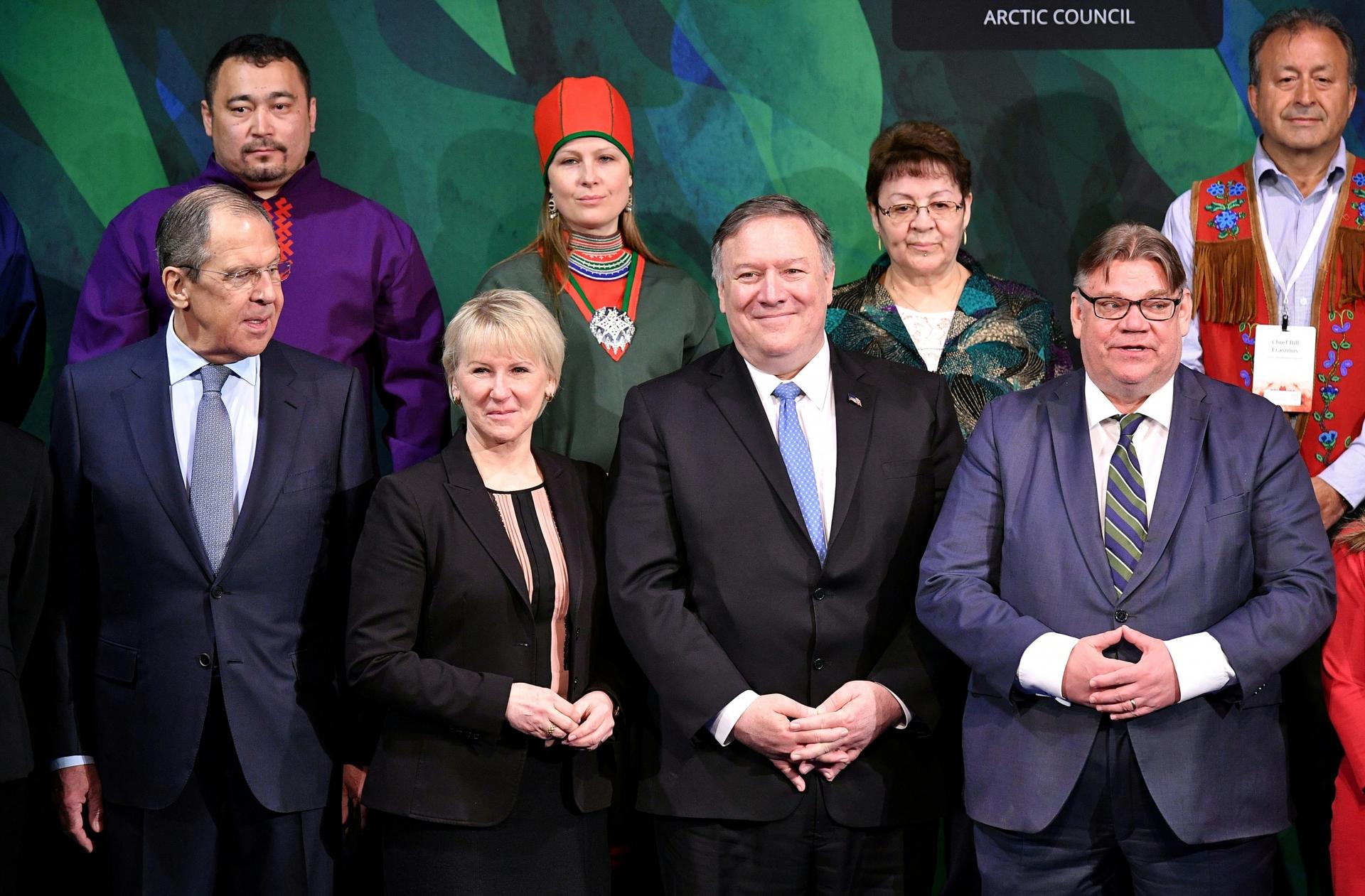 Front row from left, Foreign Ministers of Russia, Sergey Lavrov, Sweden, Margot Wallstrom, U.S. Secretary of State Mike Pompeo and Finland's Foreign Minister Timo Soini during the Arctic Council summit Rovaniemi, Rovaniemi, Finland May 7, 2019.