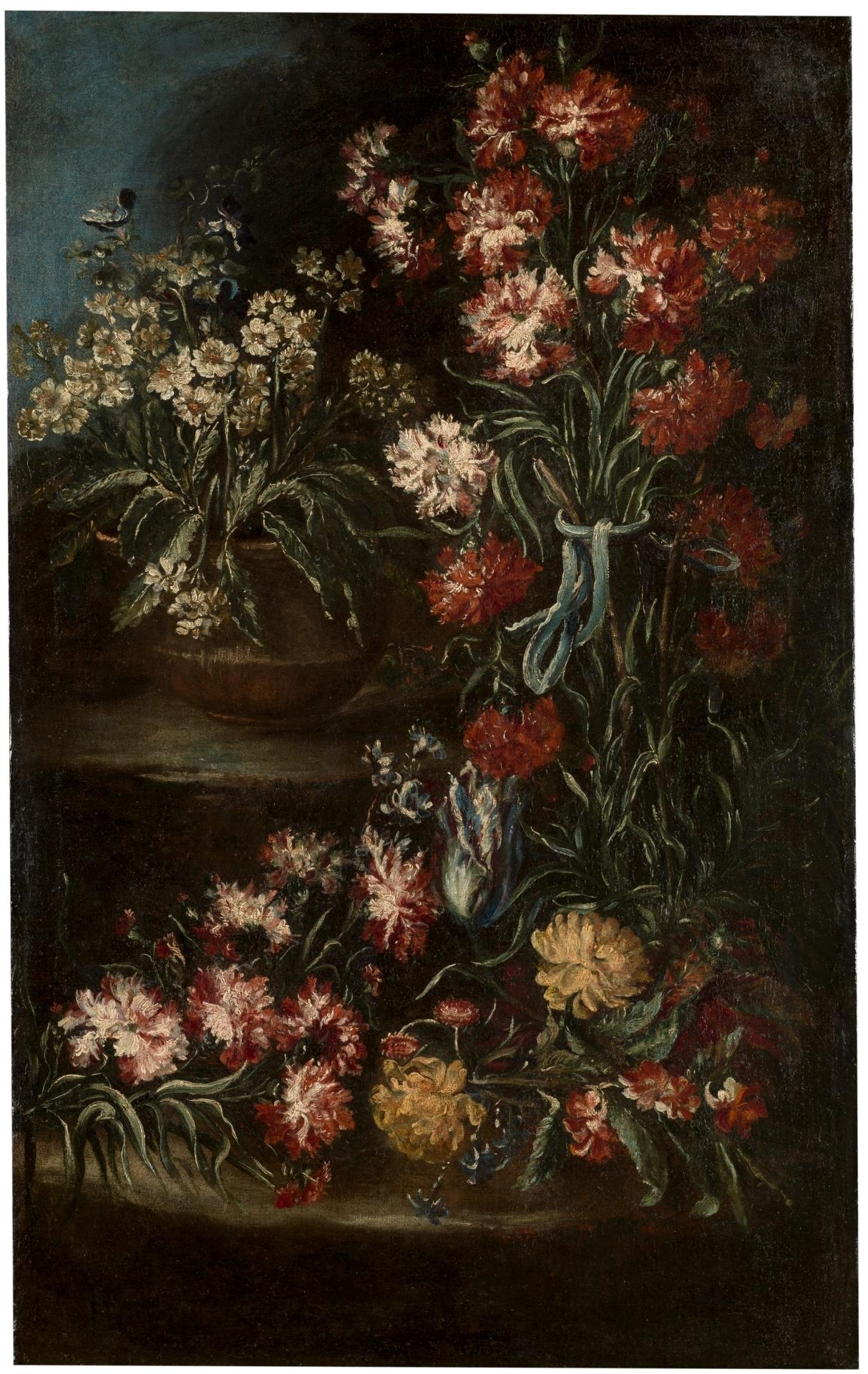 painting of dark flowers of various pinks, yellows and reds with black background. 