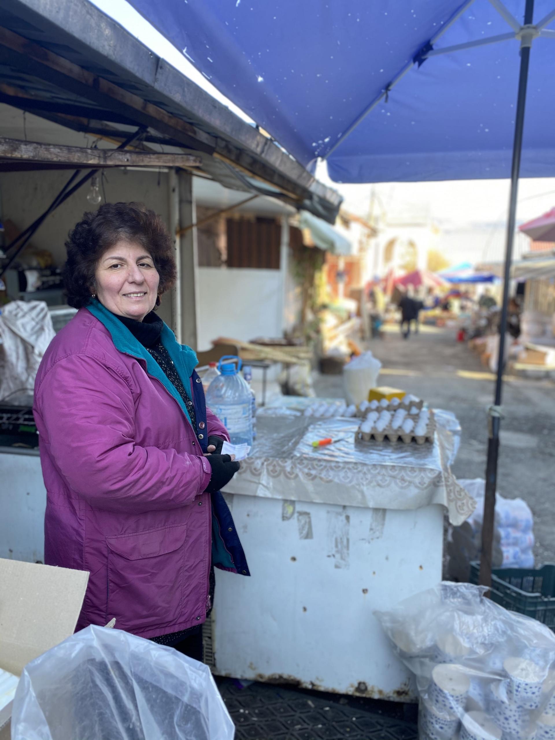 Rima Arushanyan, 58, sells eggs and homemade vodka in the Stepanakert market. Stepanakert is the de facto capital of Nagorno-Karabakh. 