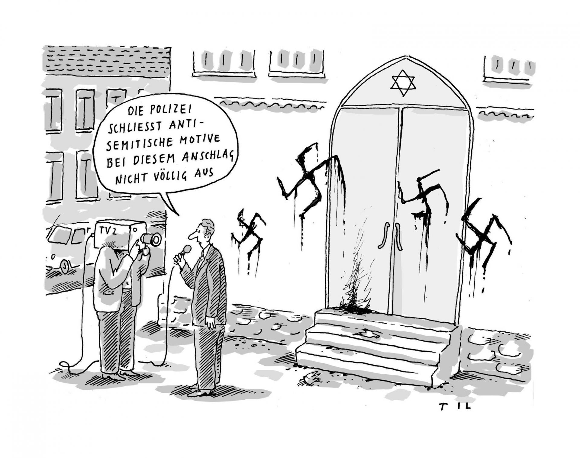 A black and white cartoon of four swastikas spray-painted on a synagogue with two people talking about who did it