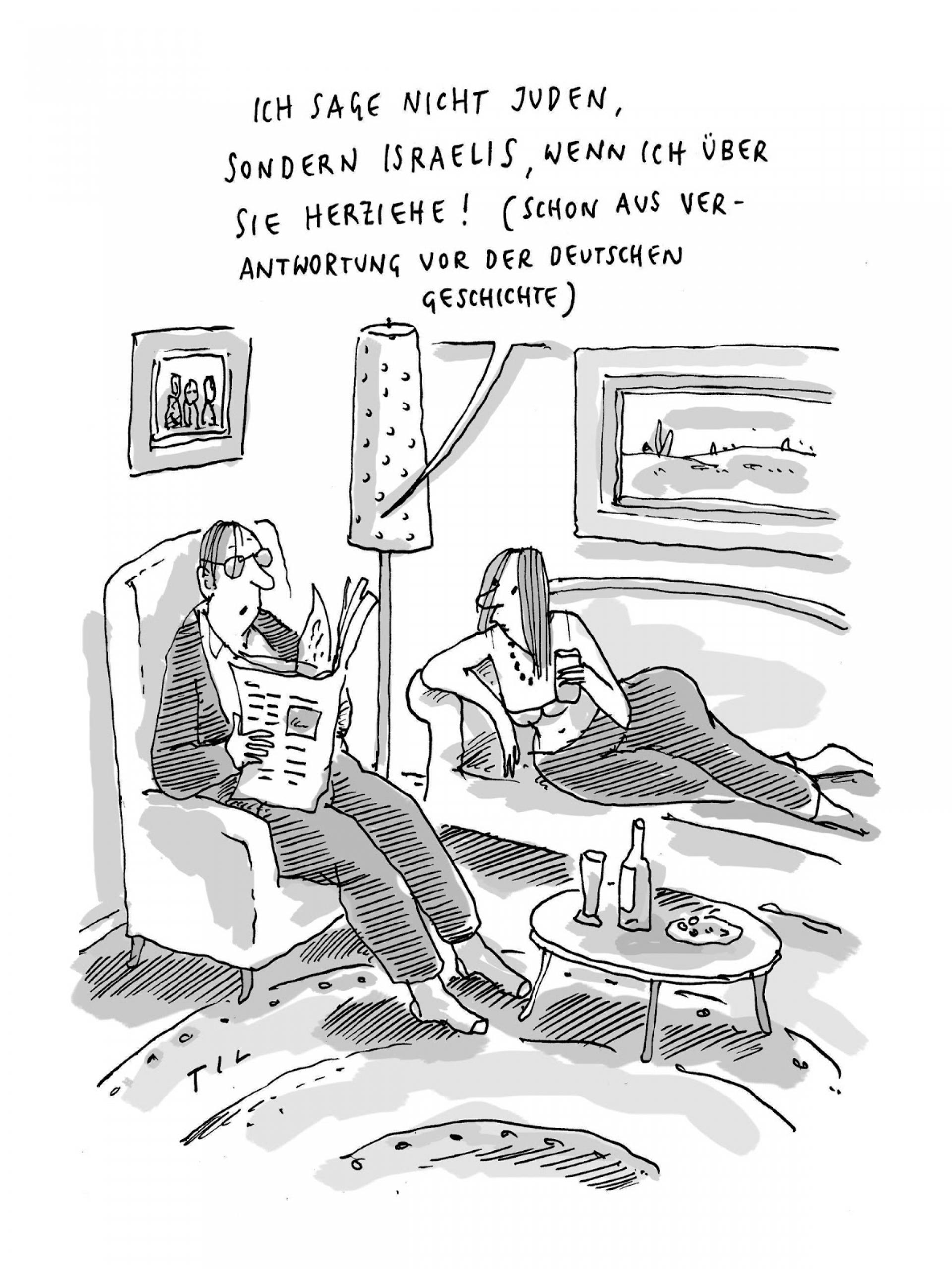 A black and white cartoon of two people talking in a living room. 