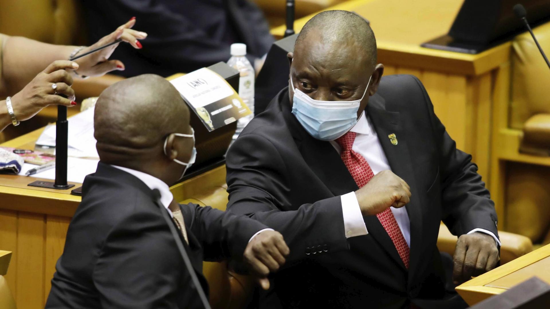 South African President Cyril Ramaphosa delivers his fifth State of the Nation Address to a restricted parliament in Cape Town, South Africa, Thursday, Feb. 11, 2021. 