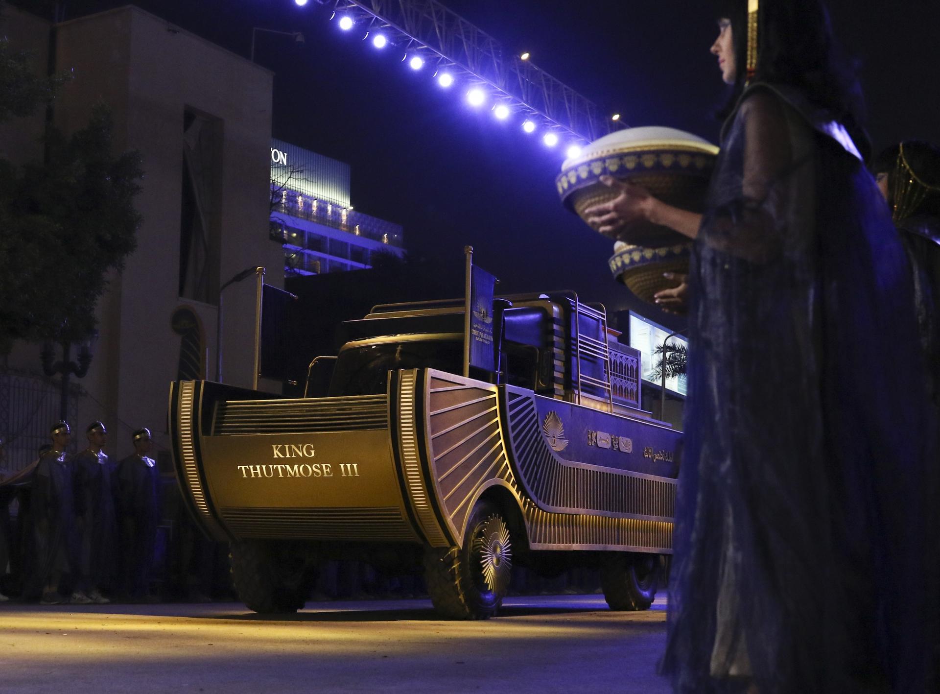 A convoy of vehicles transporting royal mummies is seen in Cairo, April 3, 2021. Egypt held a parade celebrating the transport of 22 of its prized royal mummies from the Egyptian Museum to the newly opened National Museum of Egyptian Civilization.