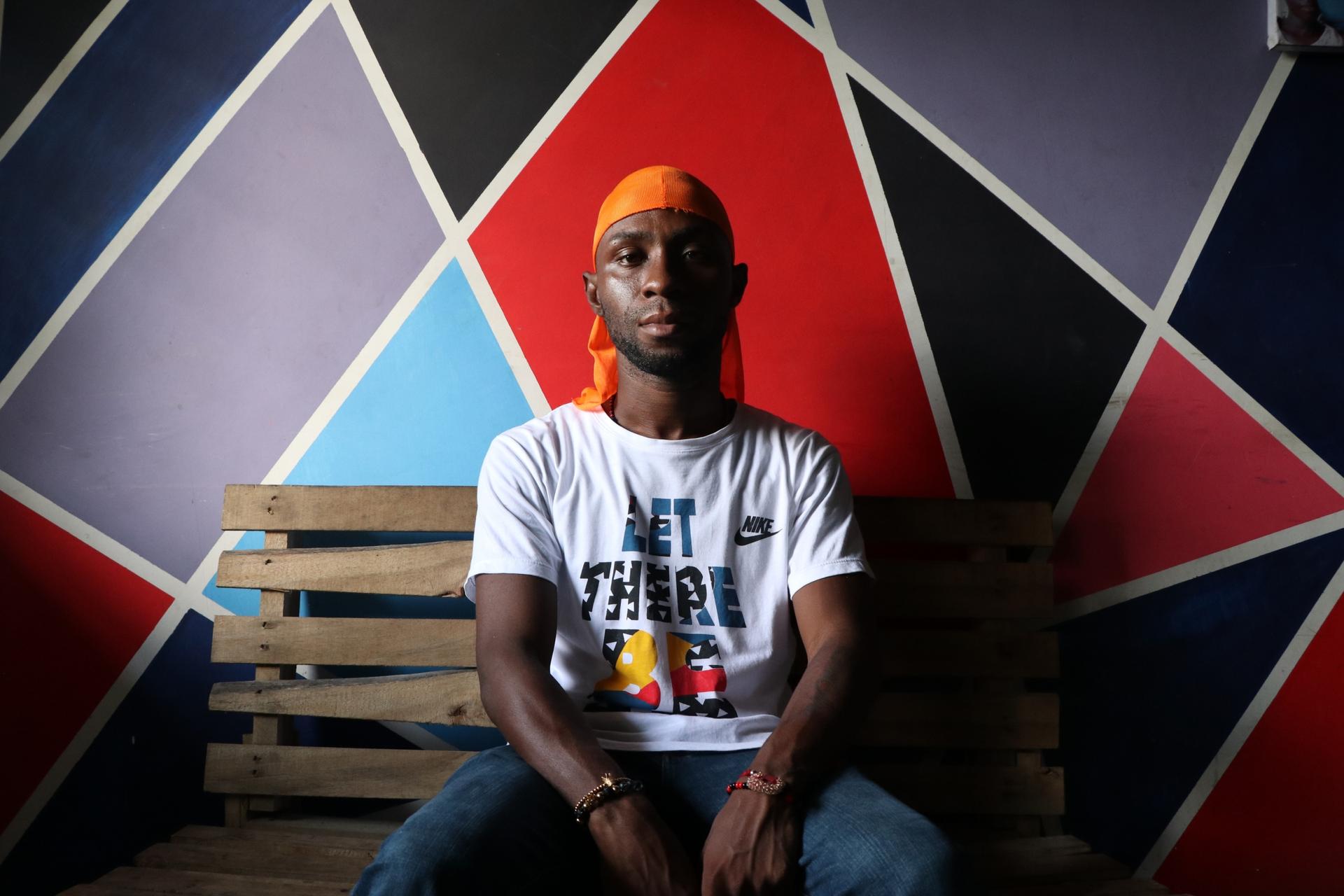 Leonard Renteria, 29, rapper and activist, posed at his recording studio in Buenaventura. 