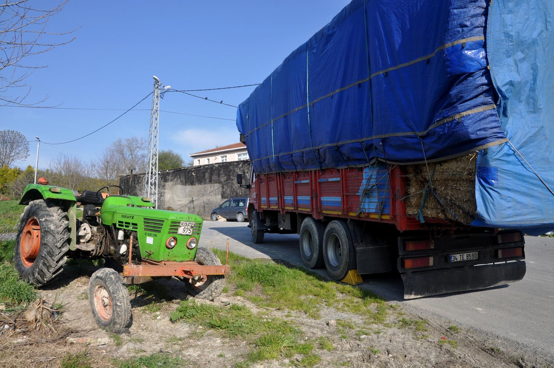 A truck with a blue cover arrives with hay, near a green tractor, on the side of the road. 