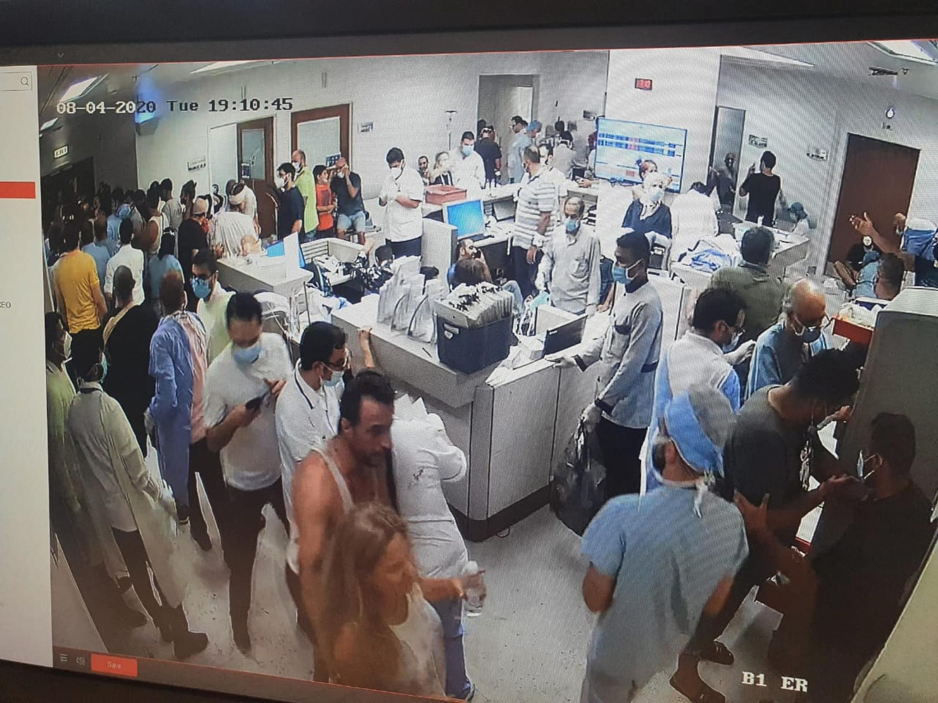 The view from the security camera of the Clemenceau Medical Center, as doctors scramble to treat the injured from the Aug. 4 blast at Beirut’s port. 