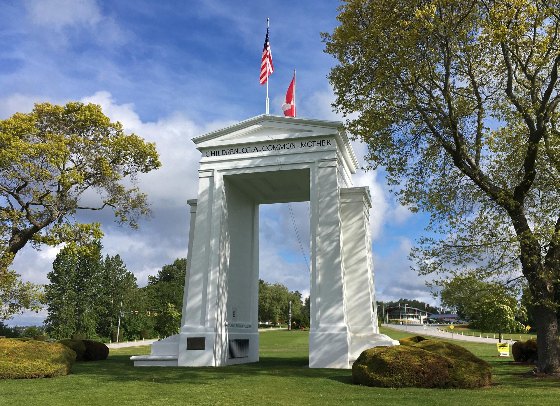 Peace Arch straddles the US-Canada border in Blaine, Washington, and Surrey, British Columbia.