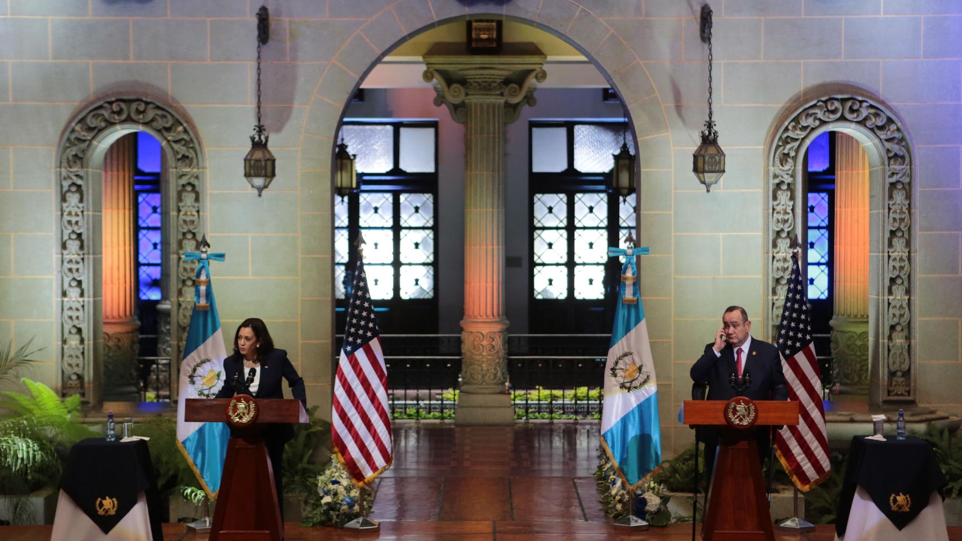 Harris at the podium in Guatemala on a diplomatic visit