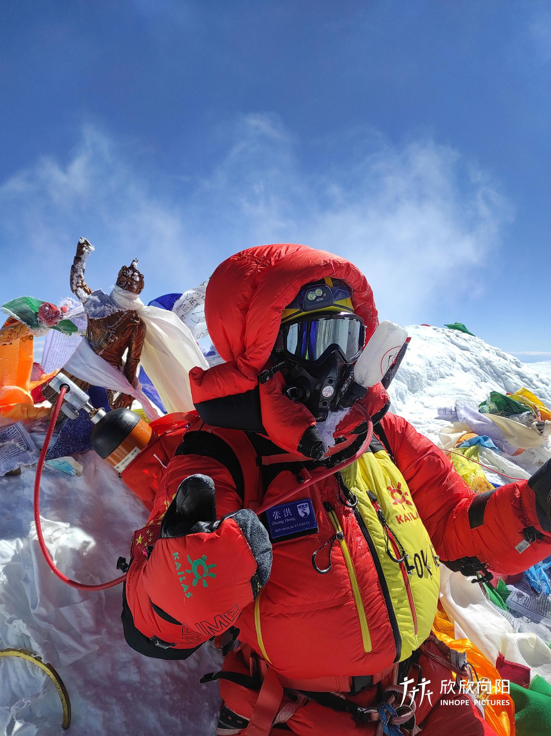 Man in a red coat amid a snowy Mount Everest