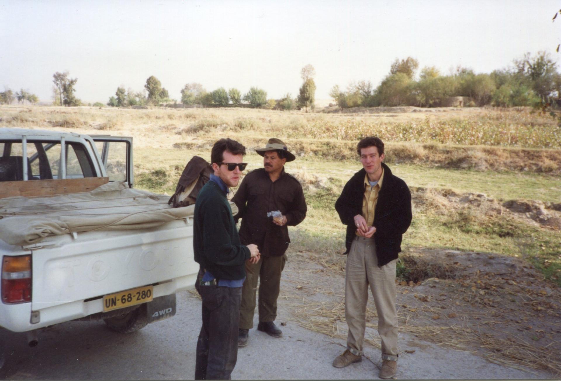 A pit stop in Baghlan Province, Afganistan, 1991. The BBC’s Chris Bowers (right), with officials from The HALO Trust and the UN. 